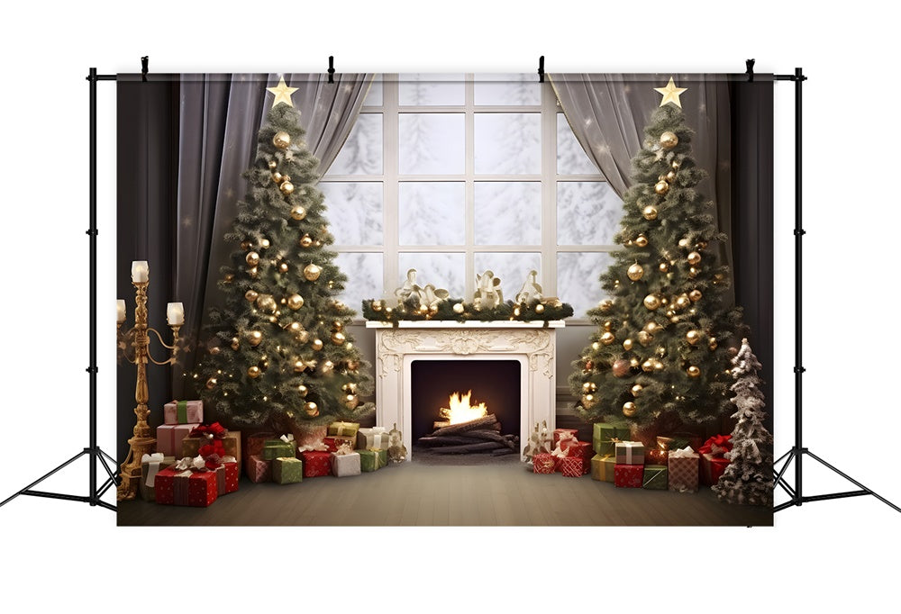 Christmas Cozy Cabin Fireplace Tree Backdrop UK RR8-165