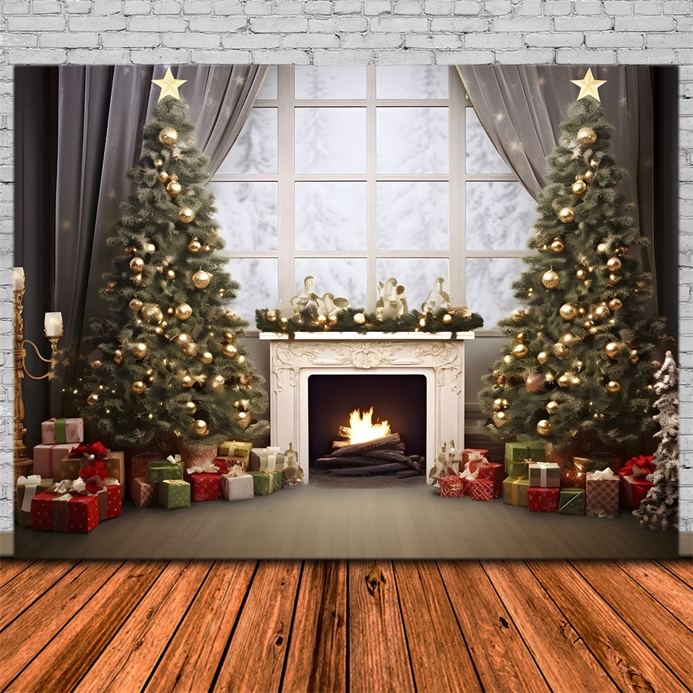 Christmas Cozy Cabin Fireplace Tree Backdrop UK RR8-165