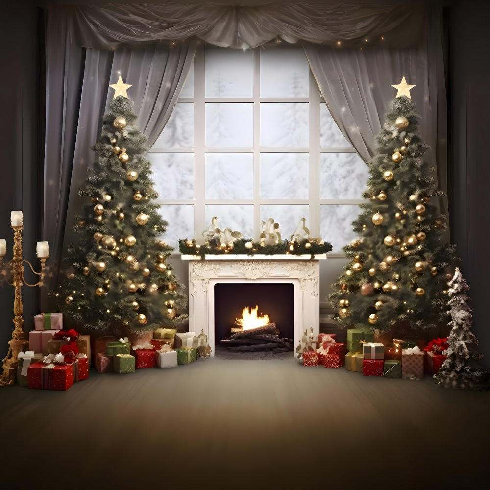 Christmas Cozy Cabin Fireplace Tree Backdrop UK RR8-165