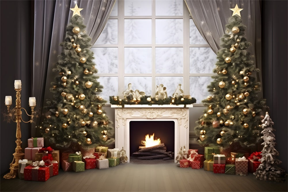 Christmas Cozy Cabin Fireplace Tree Backdrop UK RR8-165