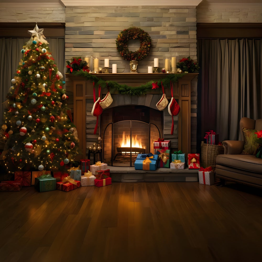 Christmas Rustic Living Room Tree Backdrop UK RR8-166