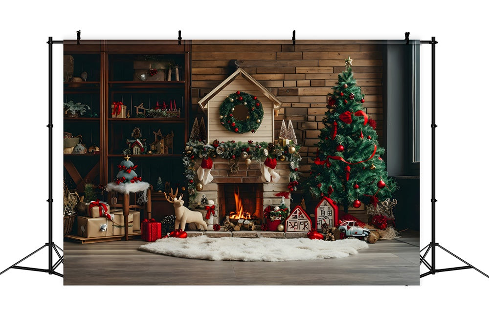 Christmas Rustic Cabin Fireplace Tree Backdrop UK RR8-167