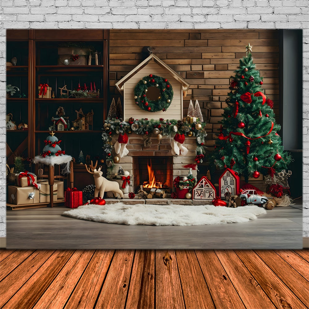 Christmas Rustic Cabin Fireplace Tree Backdrop UK RR8-167