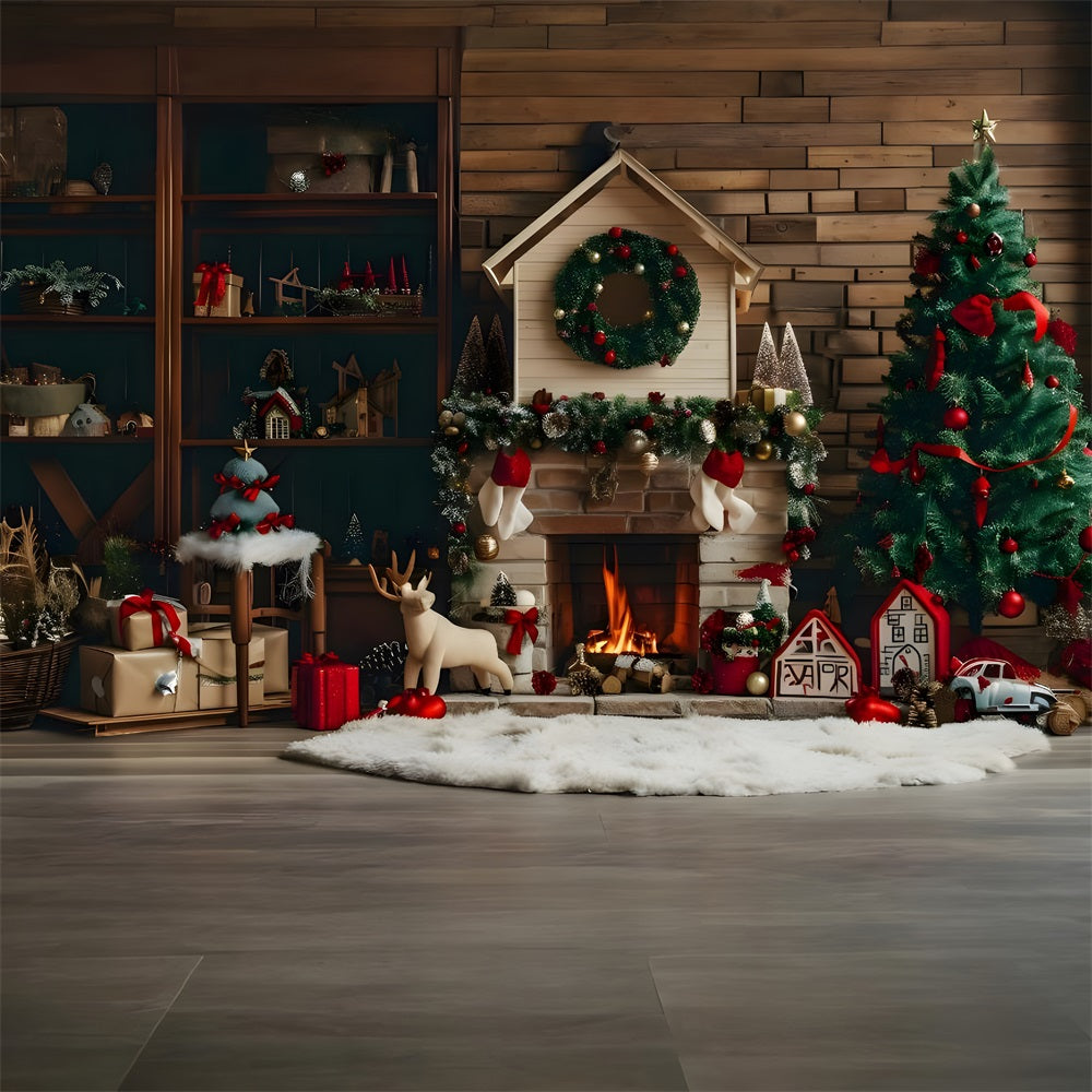 Christmas Rustic Cabin Fireplace Tree Backdrop UK RR8-167