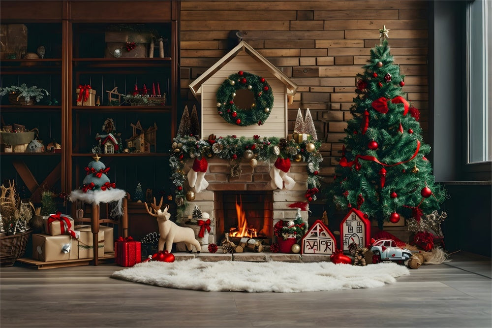 Christmas Rustic Cabin Fireplace Tree Backdrop UK RR8-167