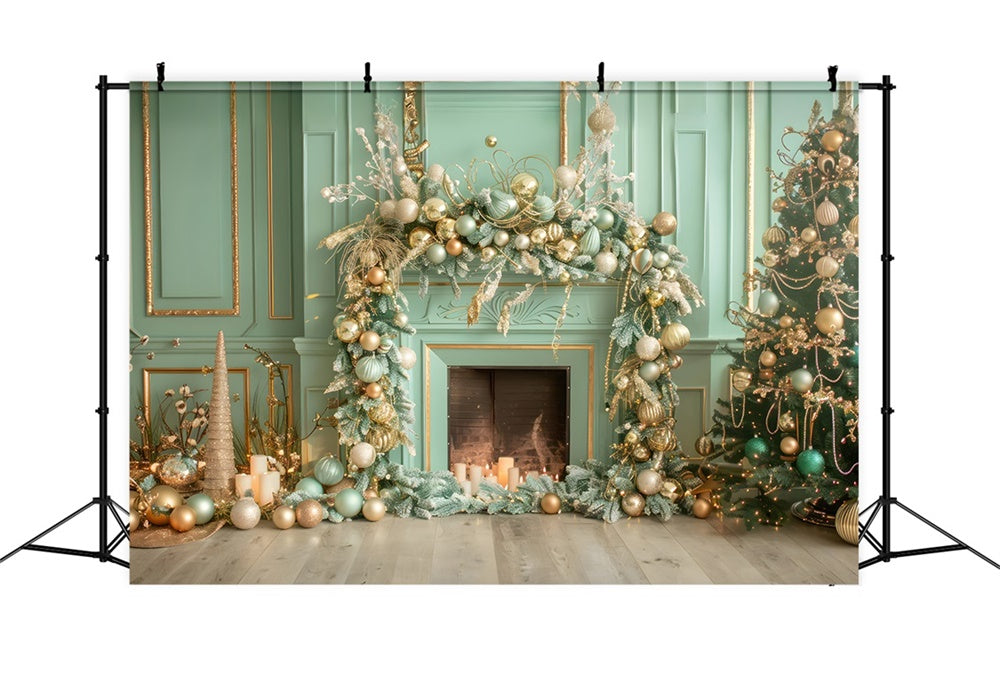 Christmas Elegant Green Gold Fireplace Backdrop UK RR8-168