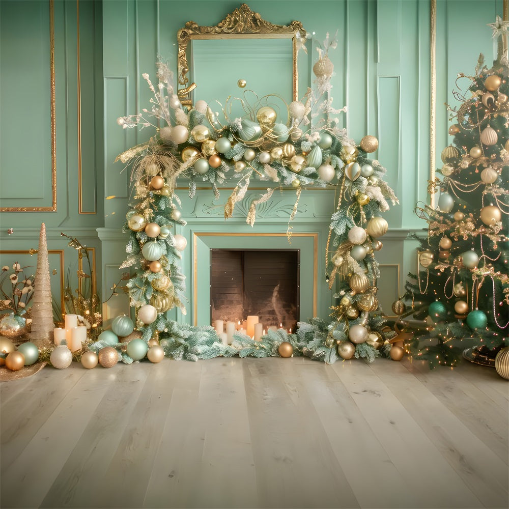 Christmas Elegant Green Gold Fireplace Backdrop UK RR8-168