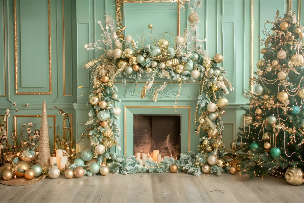 Christmas Elegant Green Gold Fireplace Backdrop UK RR8-168