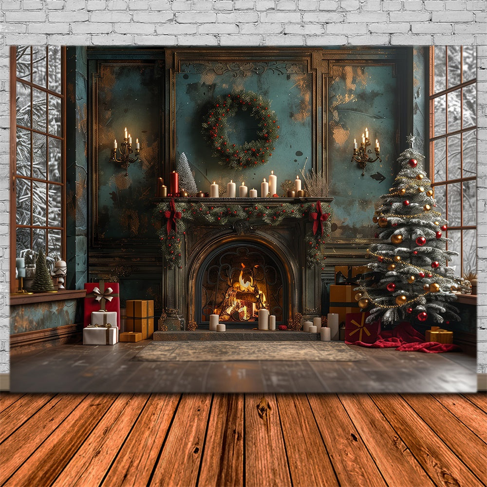 Christmas Vintage Cozy Fireplace Tree Backdrop UK RR8-169