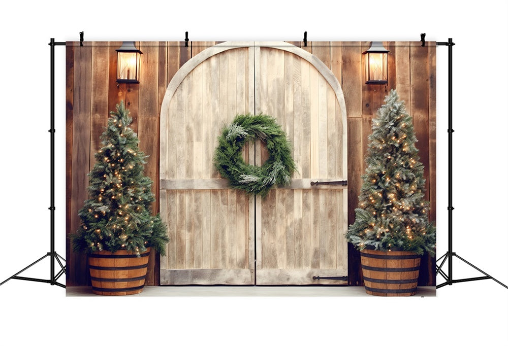 Christmas Rustic Doorway Lit Trees Backdrop UK RR8-178