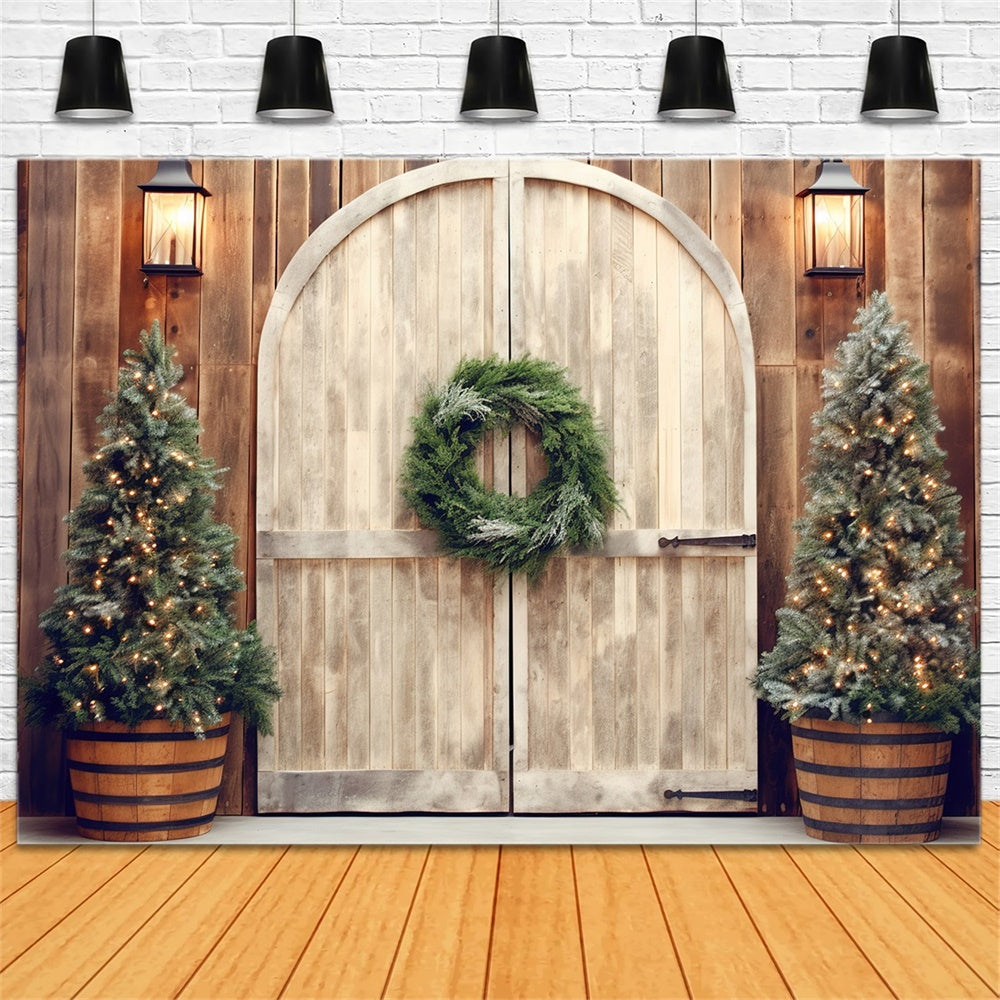 Christmas Rustic Doorway Lit Trees Backdrop UK RR8-178