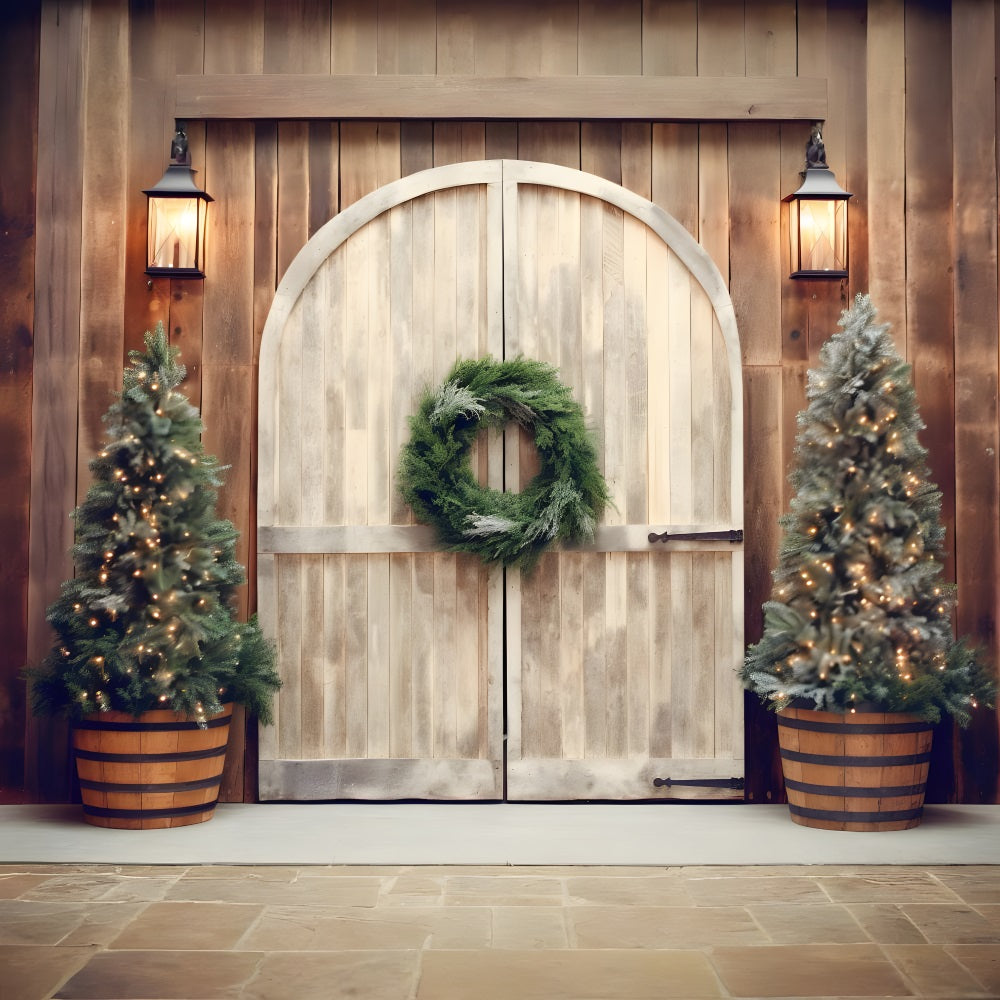 Christmas Rustic Doorway Lit Trees Backdrop UK RR8-178