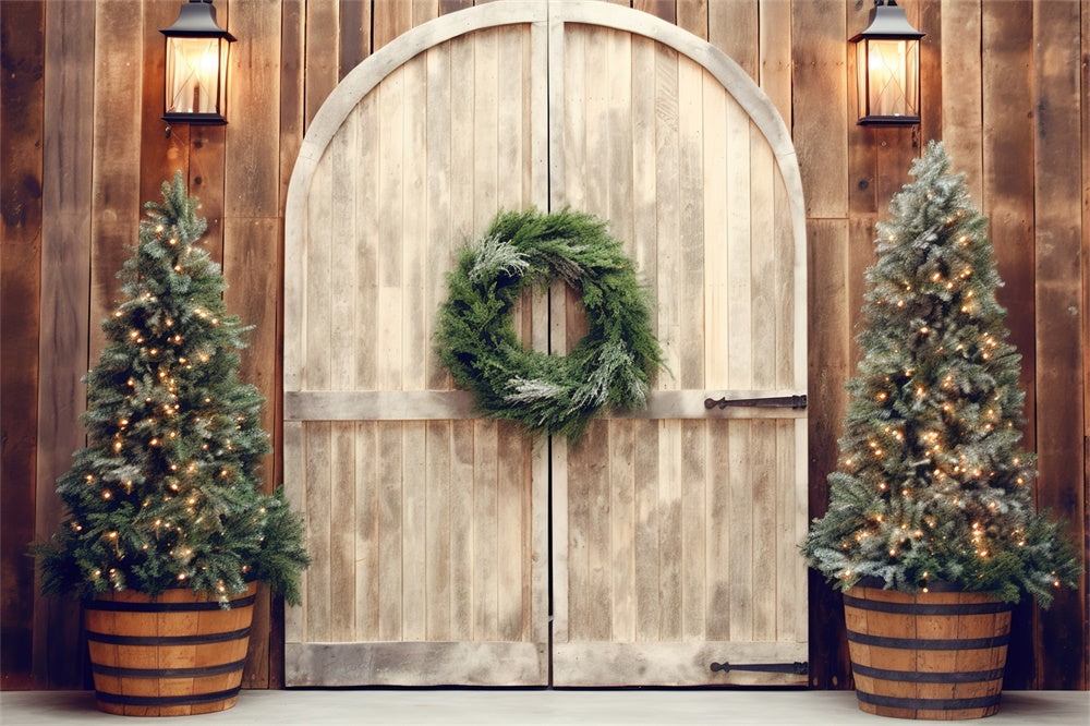 Christmas Rustic Doorway Lit Trees Backdrop UK RR8-178