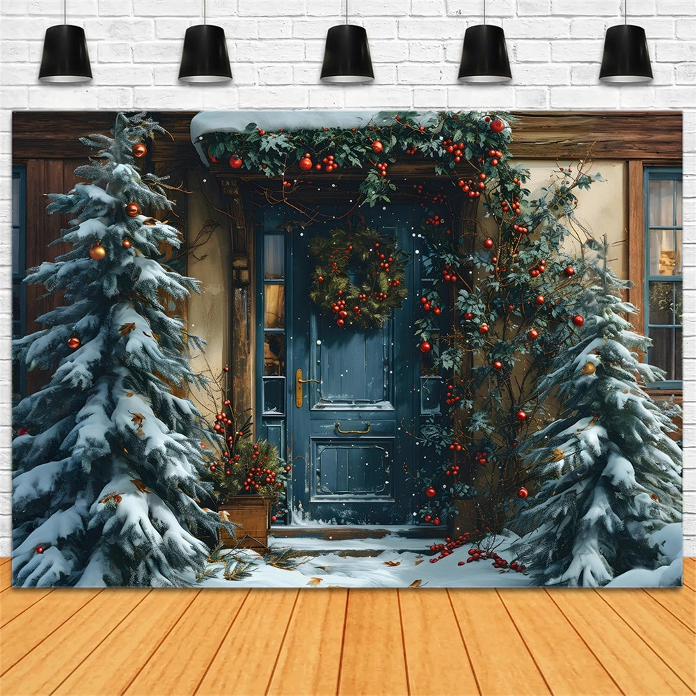 Christmas Festive Blue Door Garland Backdrop UK RR8-183