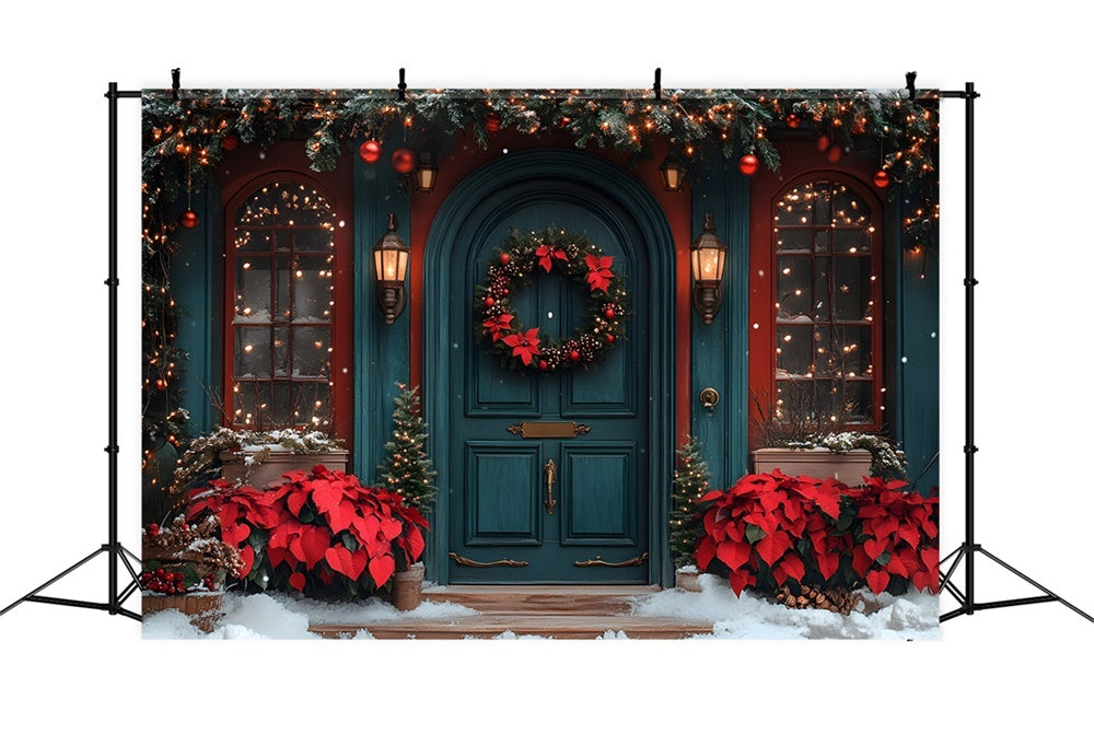 Christmas Poinsettia Adorned Front Door Backdrop UK RR8-184