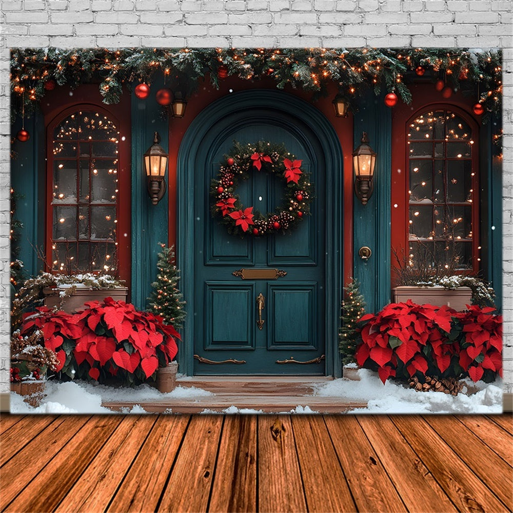 Christmas Poinsettia Adorned Front Door Backdrop UK RR8-184