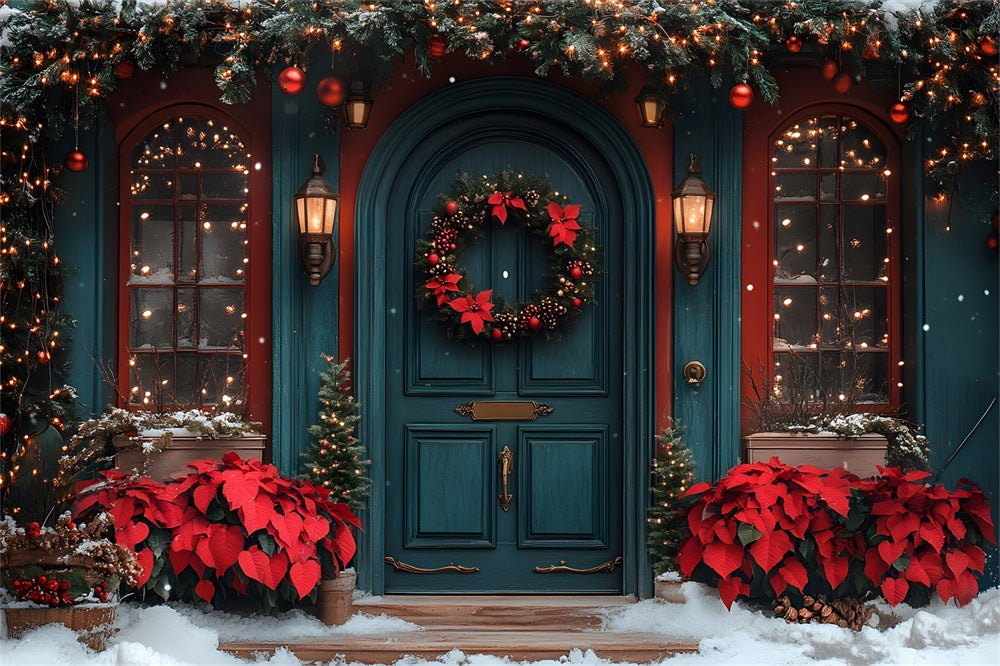 Christmas Poinsettia Adorned Front Door Backdrop UK RR8-184