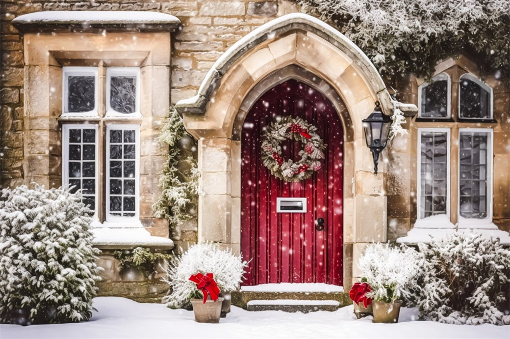 Christmas Snowy Red Doorway Wreath Backdrop UK RR8-195