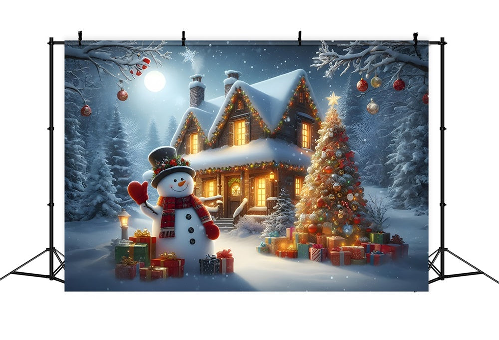 Christmas Snowman Cabin Night Backdrop UK RR8-211