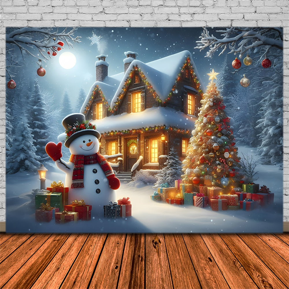 Christmas Snowman Cabin Night Backdrop UK RR8-211