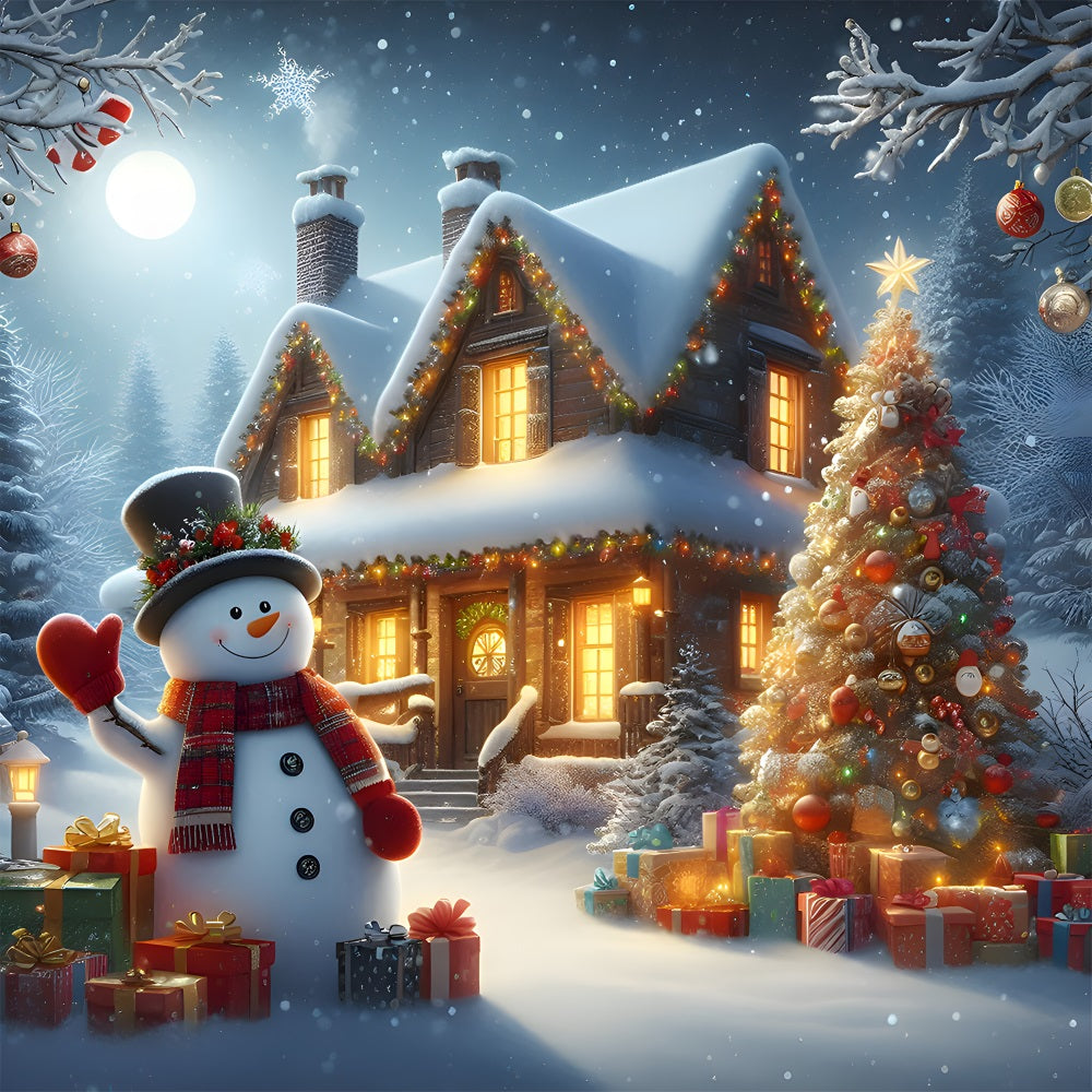 Christmas Snowman Cabin Night Backdrop UK RR8-211