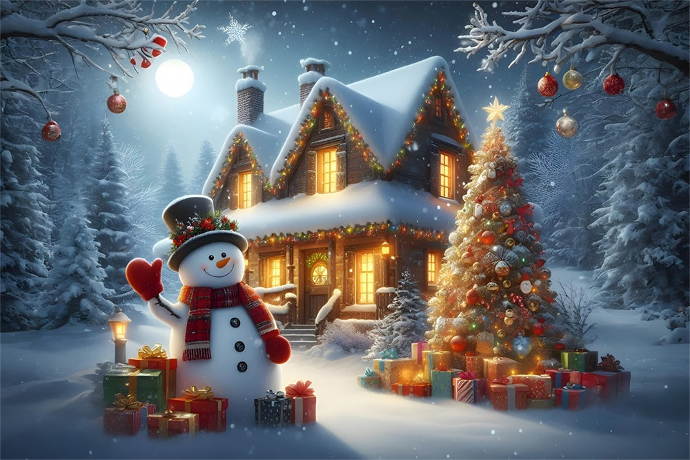 Christmas Snowman Cabin Night Backdrop UK RR8-211