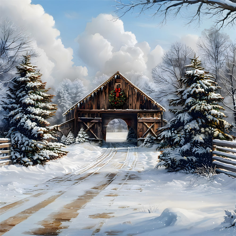 Christmas Snow Covered Woods Cabin Backdrop UK RR8-22