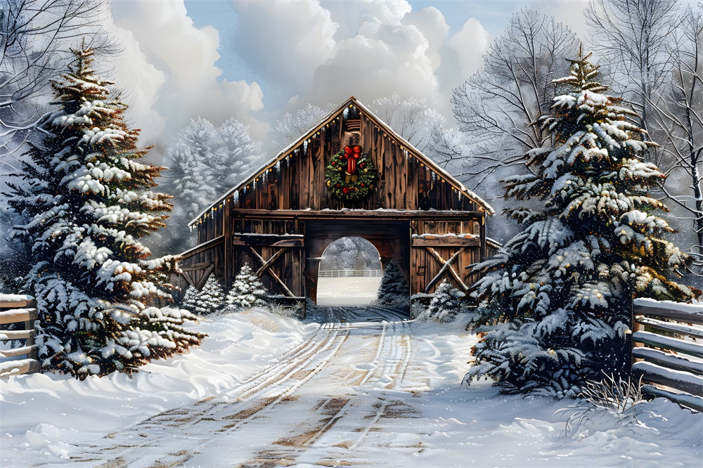 Christmas Snow Covered Woods Cabin Backdrop UK RR8-22