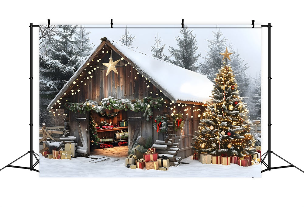 Christmas Glowing Trees Wooden House Backdrop UK RR8-23