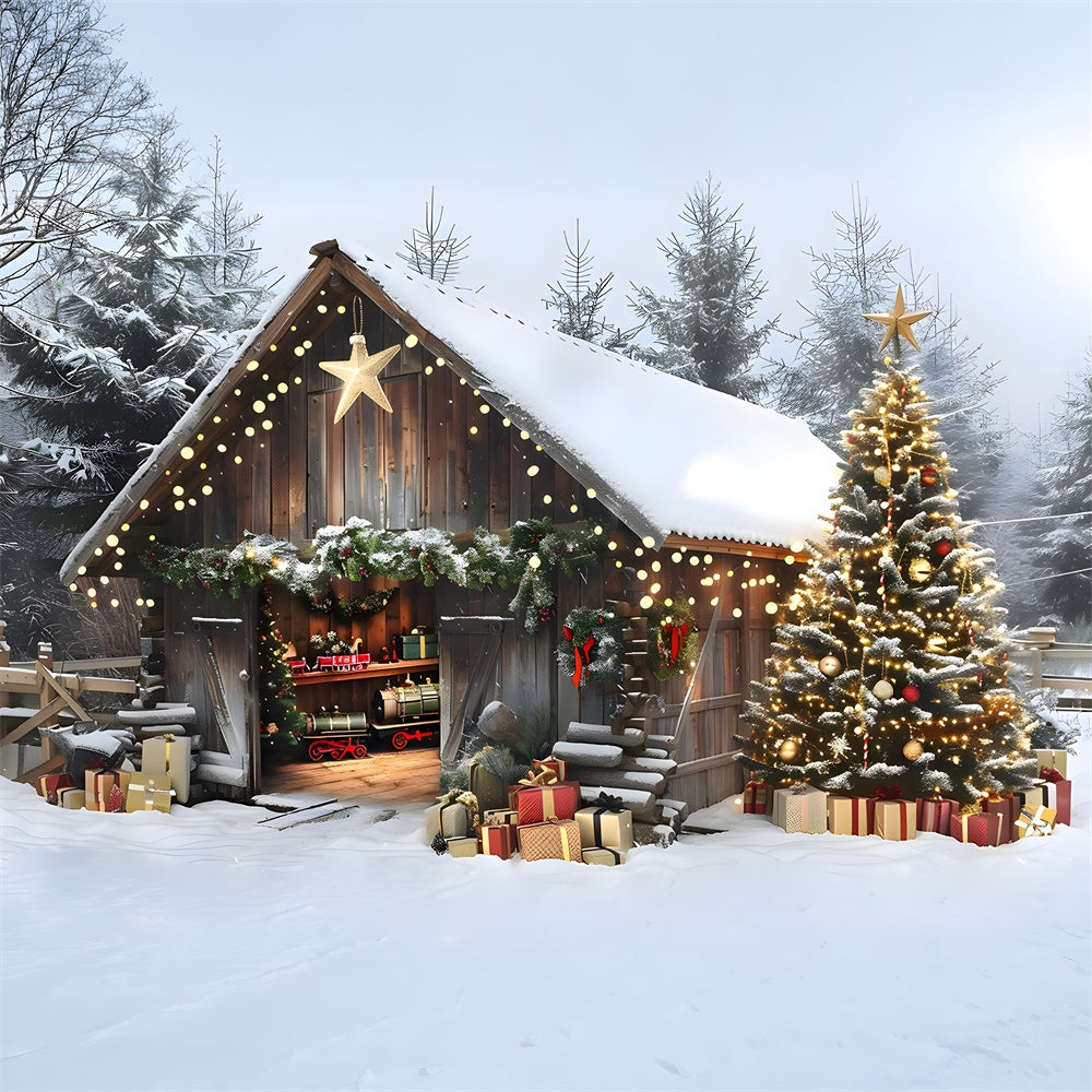 Christmas Glowing Trees Wooden House Backdrop UK RR8-23