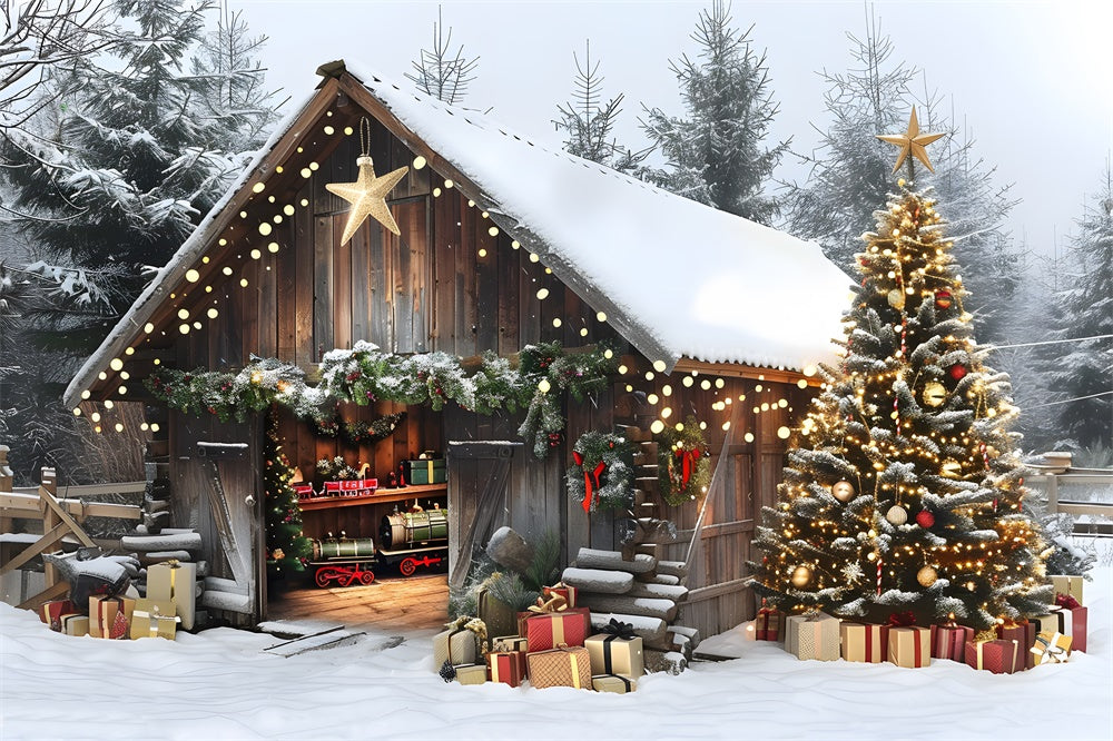 Christmas Glowing Trees Wooden House Backdrop UK RR8-23