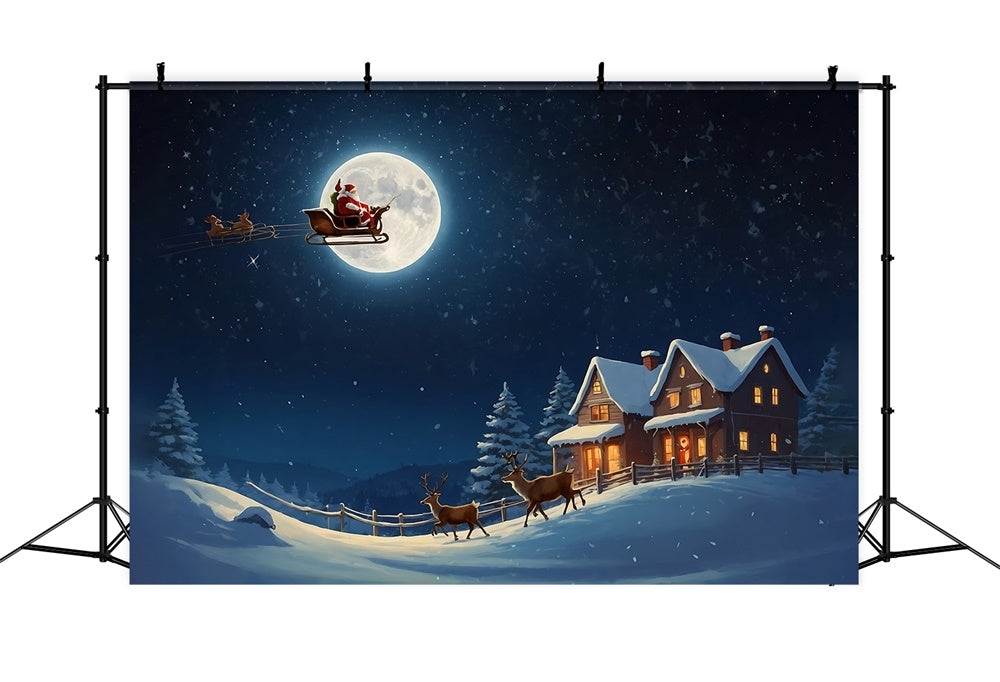 Christmas Santa Sleigh Over Moonlit Village Backdrop UK RR8-235