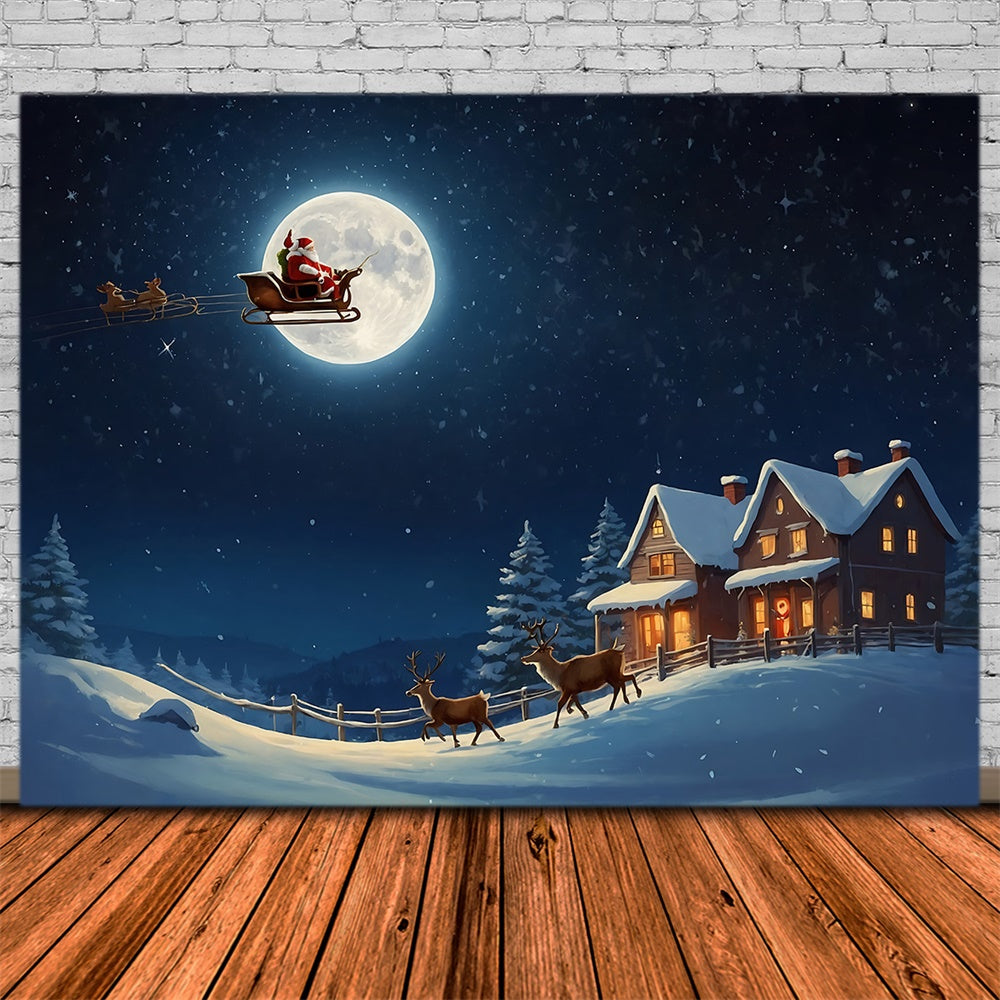 Christmas Santa Sleigh Over Moonlit Village Backdrop UK RR8-235