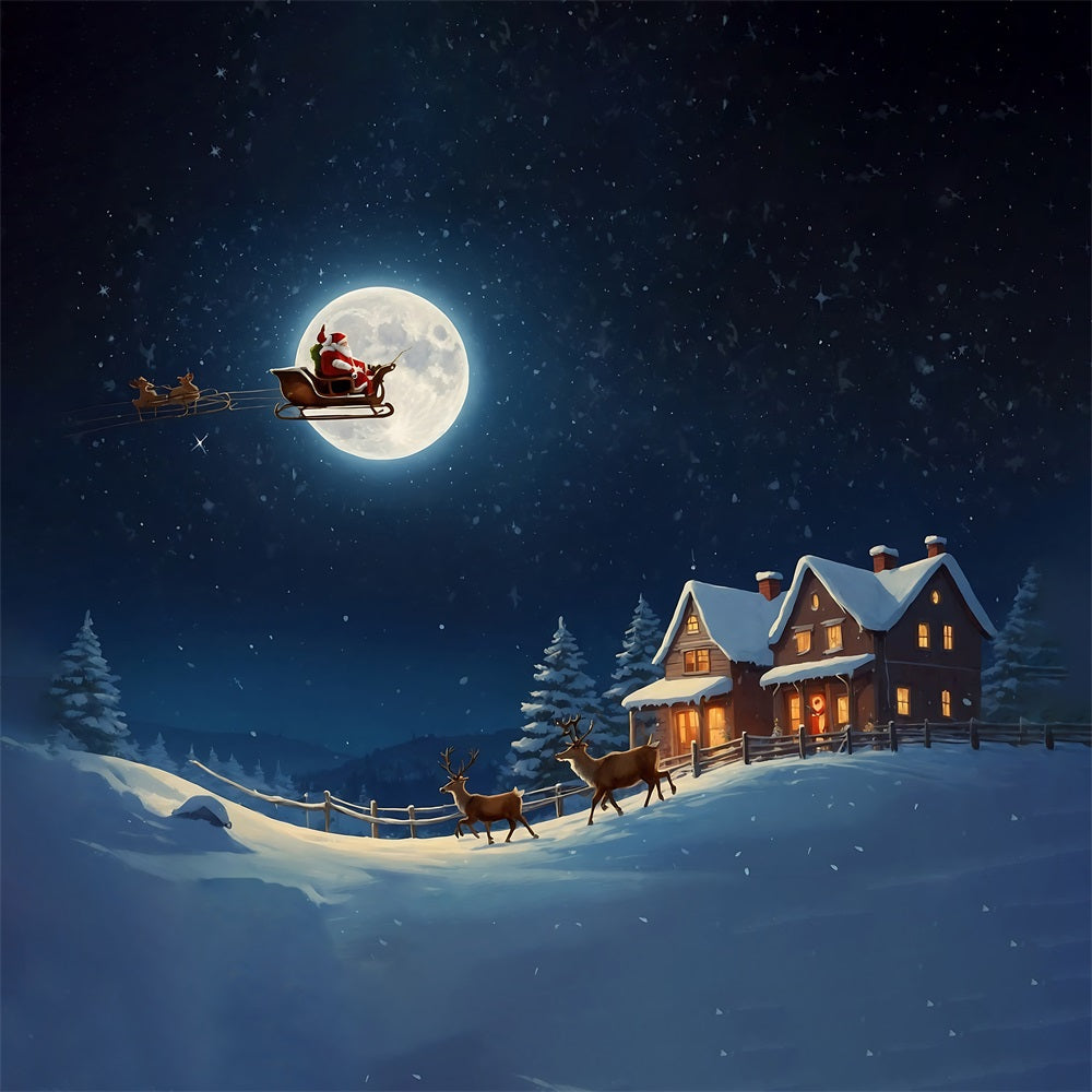 Christmas Santa Sleigh Over Moonlit Village Backdrop UK RR8-235