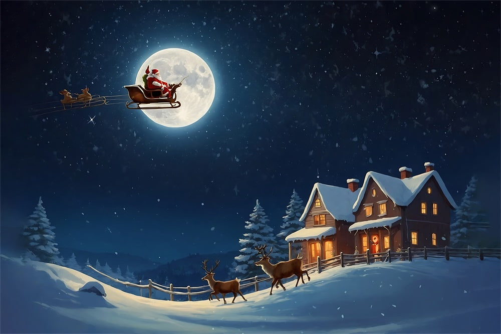 Christmas Santa Sleigh Over Moonlit Village Backdrop UK RR8-235