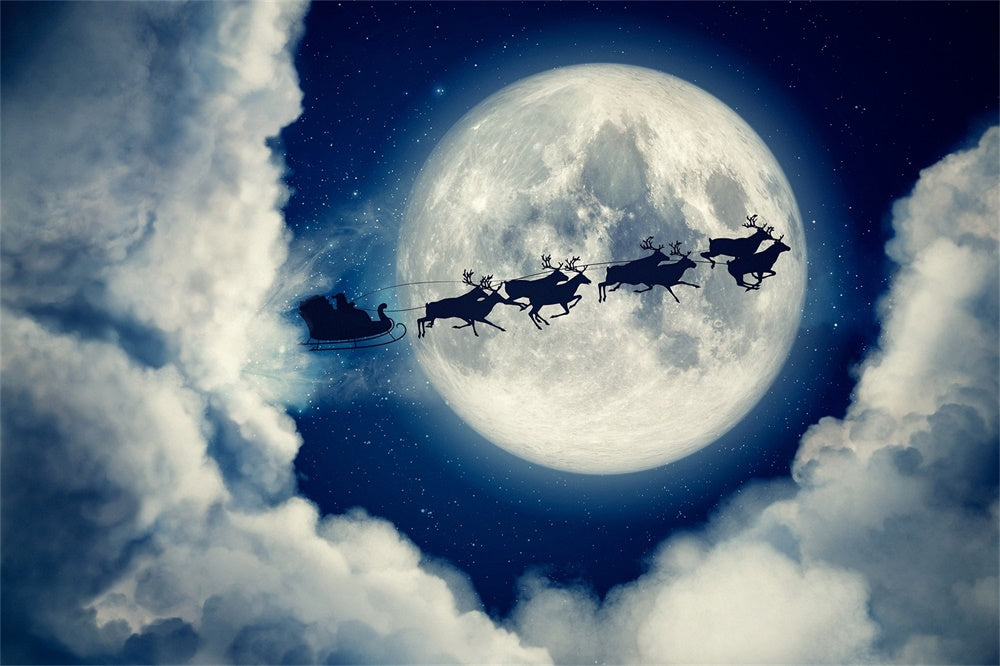 Christmas Santa Sleigh Silhouette Moon Backdrop UK RR8-236