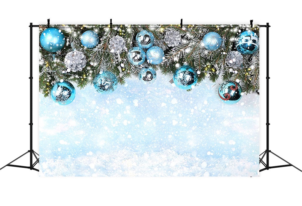 Christmas Snowy Branches Blue Ornaments Backdrop UK RR8-241