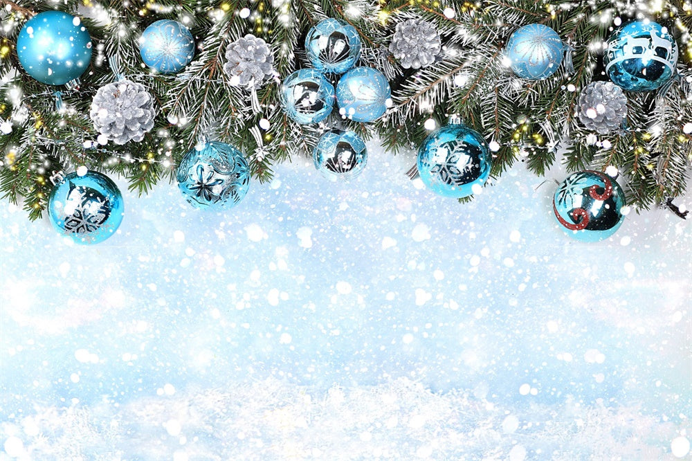 Christmas Snowy Branches Blue Ornaments Backdrop UK RR8-241