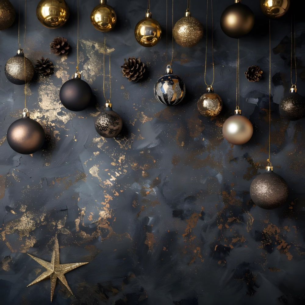 Christmas Elegant Black Gold Ornaments Backdrop UK RR8-242