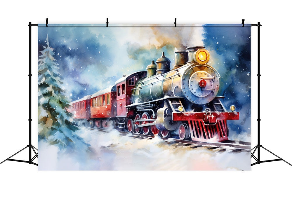 Christmas Watercolor Train Winter Scene Backdrop UK RR8-252