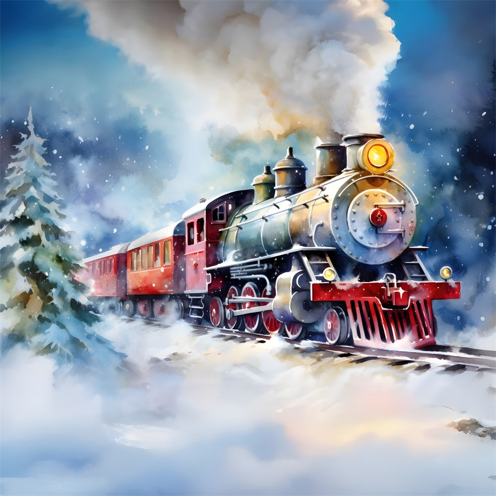 Christmas Watercolor Train Winter Scene Backdrop UK RR8-252