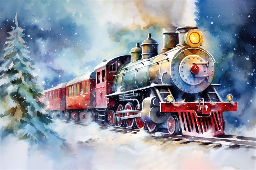 Christmas Watercolor Train Winter Scene Backdrop UK RR8-252