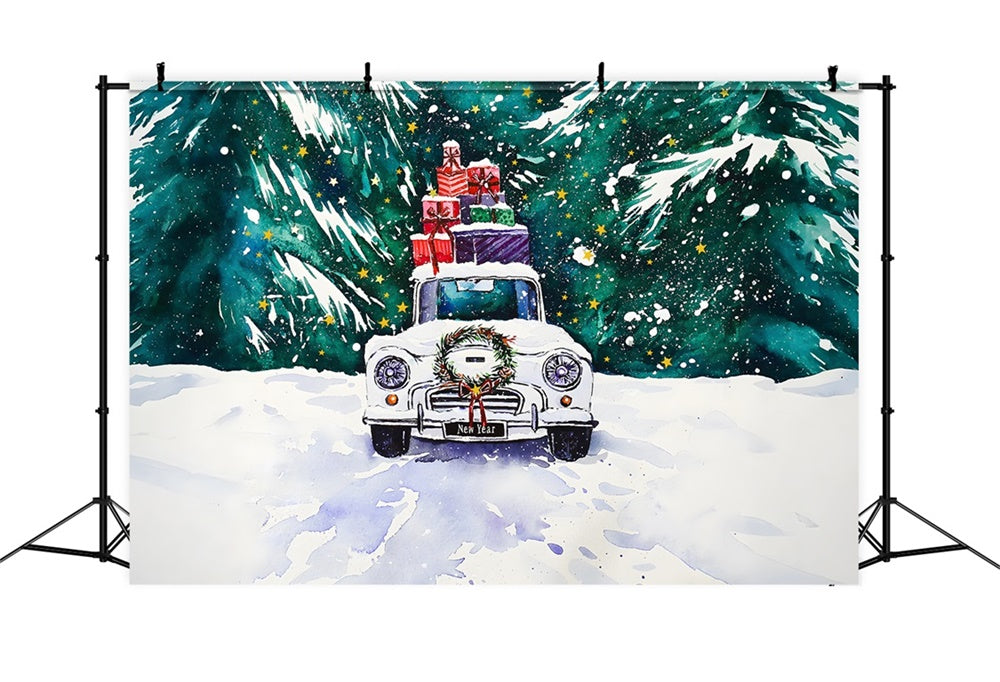 Christmas Watercolor Car Presents Backdrop RR8-254