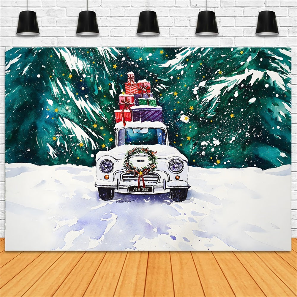 Christmas Watercolor Car Presents Backdrop RR8-254