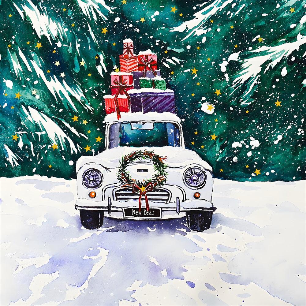 Christmas Watercolor Car Presents Backdrop RR8-254