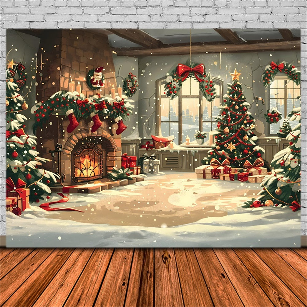 Christmas Cozy Fireplace Snowy Decor Backdrop RR8-255