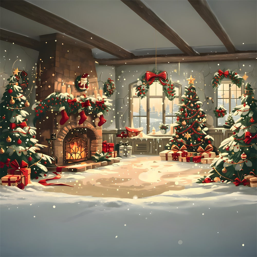 Christmas Cozy Fireplace Snowy Decor Backdrop RR8-255