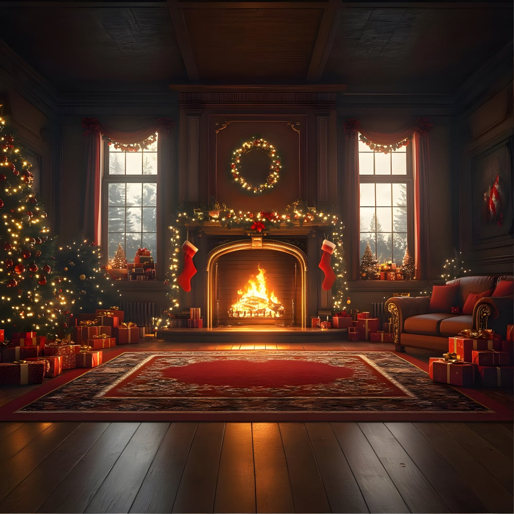 Christmas Warm Hearth Red Bows Backdrop RR8-261