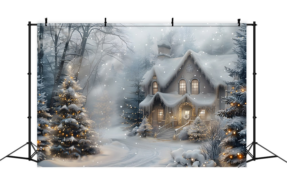 Christmas Snowy Forest House Lights Backdrop UK RR8-27