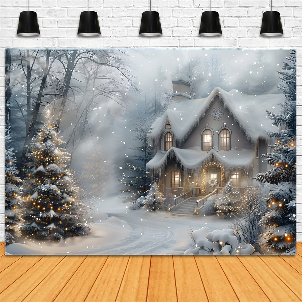 Christmas Snowy Forest House Lights Backdrop UK RR8-27